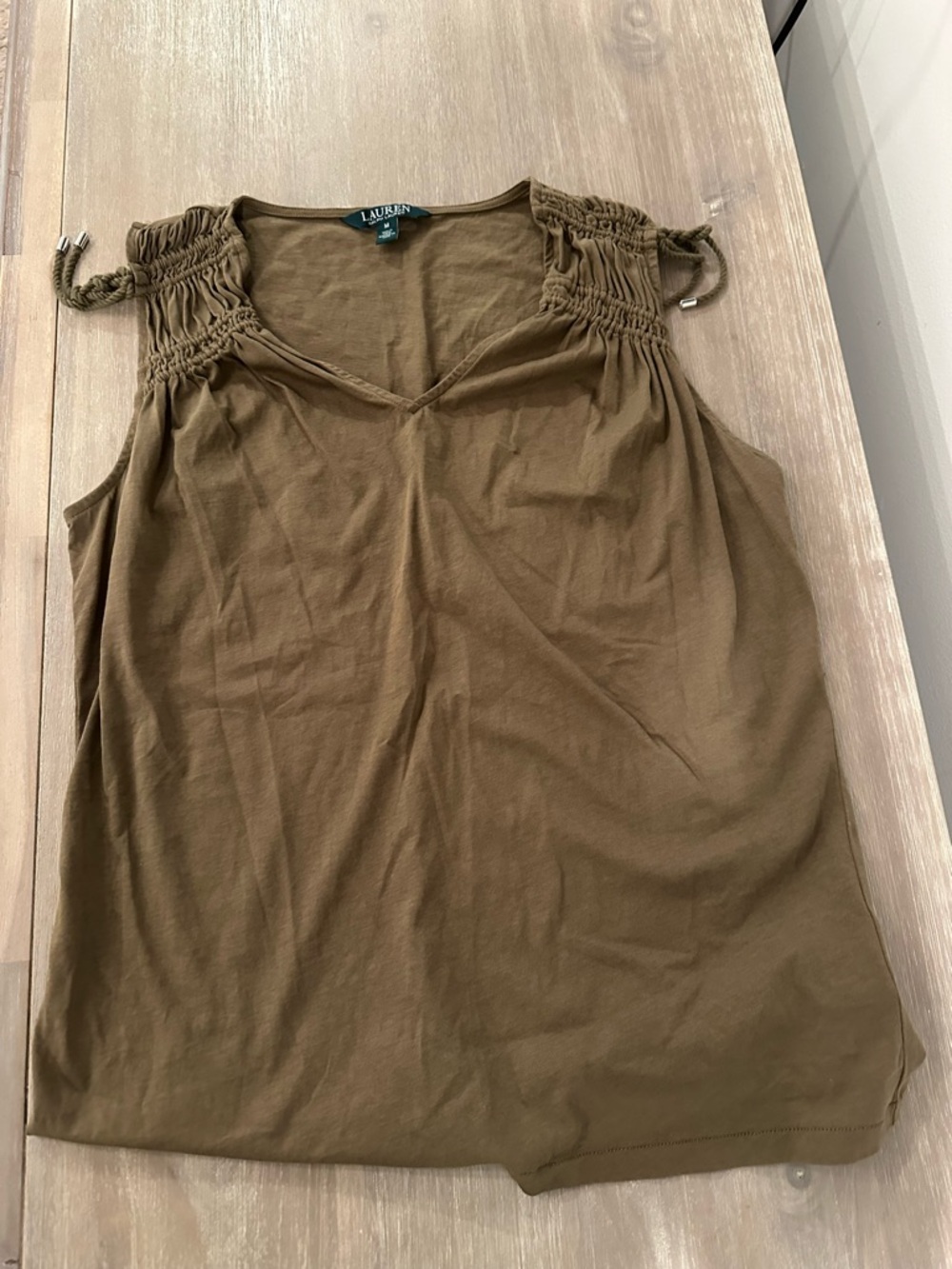 Lauren Ralph Olive Green Tank with Ruched Shoulder Ties Medium Like New VS M